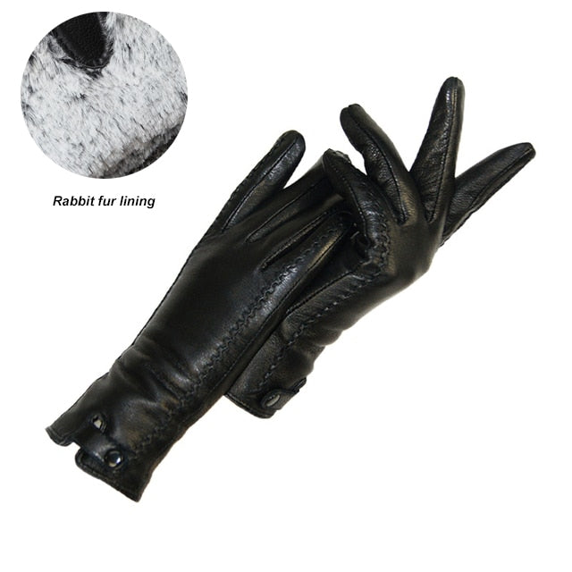 New Gloves Genuine Leather Winter Warm Fluff Woman Soft Female Rabbit Fur Lining Riveted Clasp High-quality Mittens