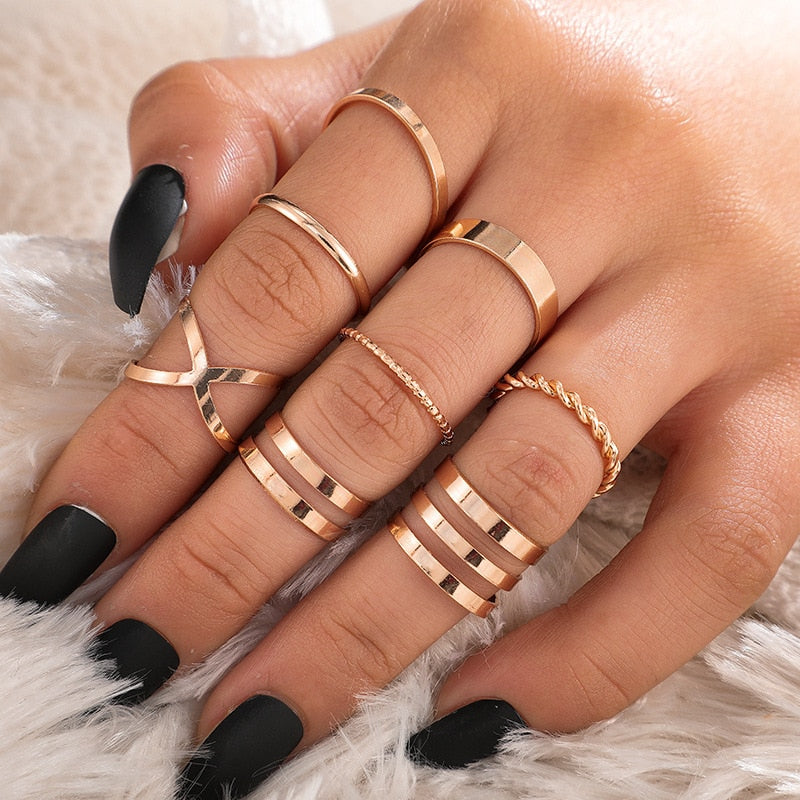 LATS 7pcs Fashion Jewelry Rings Set Metal Hollow Round Opening Party Wedding Gifts