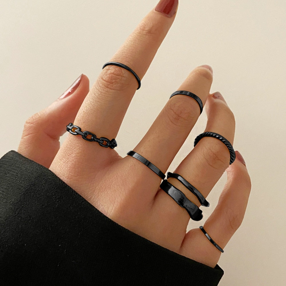 LATS 7pcs Fashion Jewelry Rings Set Metal Hollow Round Opening Party Wedding Gifts