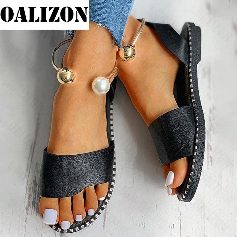 Women Beaded Pearly Sandals Slippers Shoes Ladies Flats Sandals Flip Flop Casual Flat Slingback Sandals Shoes