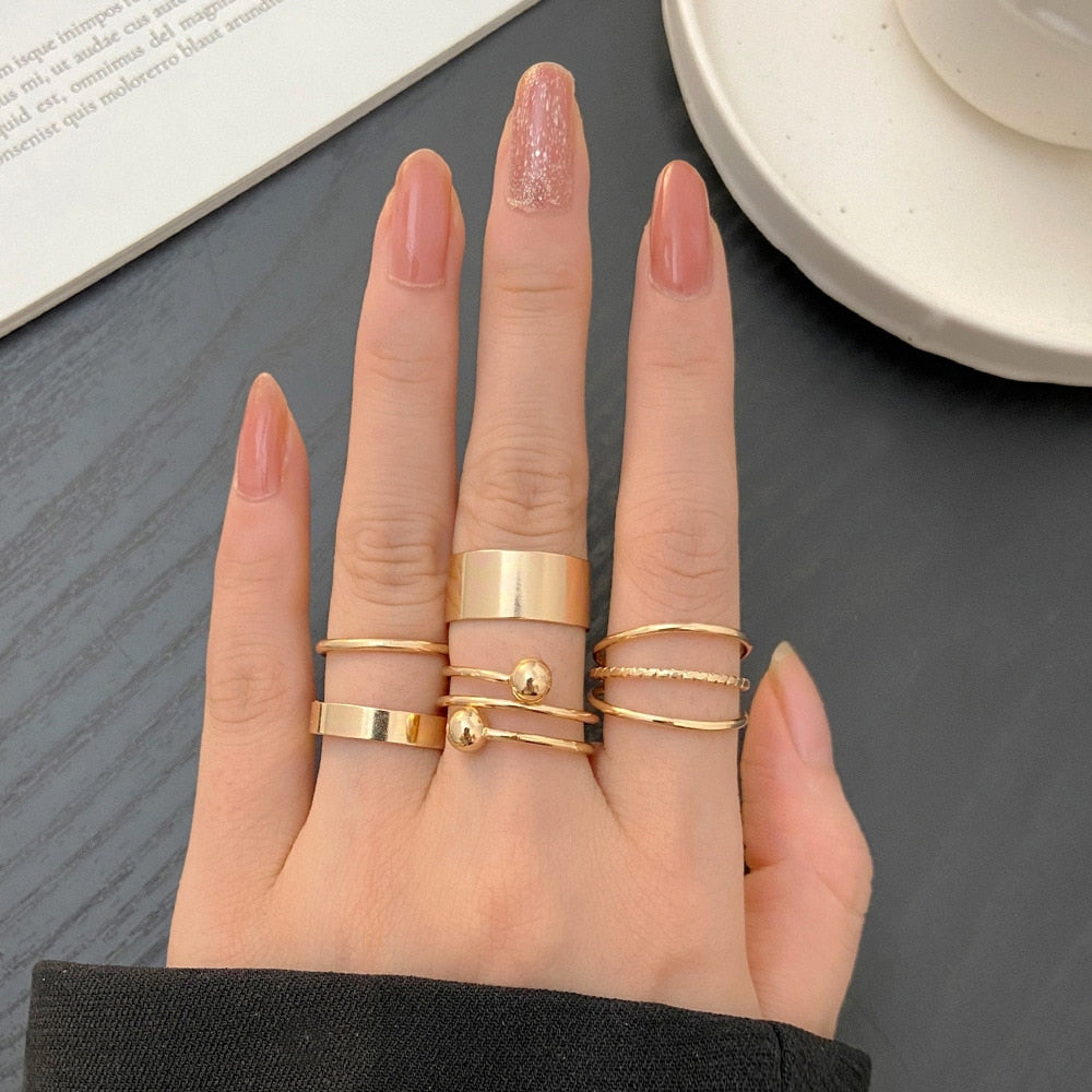 LATS 7pcs Fashion Jewelry Rings Set Metal Hollow Round Opening Party Wedding Gifts