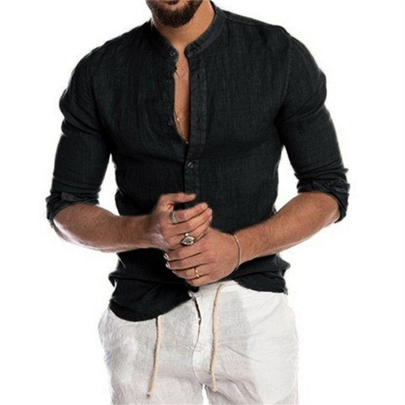 Solid Color Linen Long Sleeve Shirt Cardigan Long Sleeve Men's Shirt
