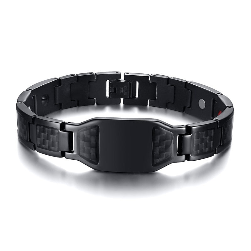 Custom Made Bracelet, Black Stainless Steel Bracelet with Carbon Fiber Inlay Logo Fashion Jewelry