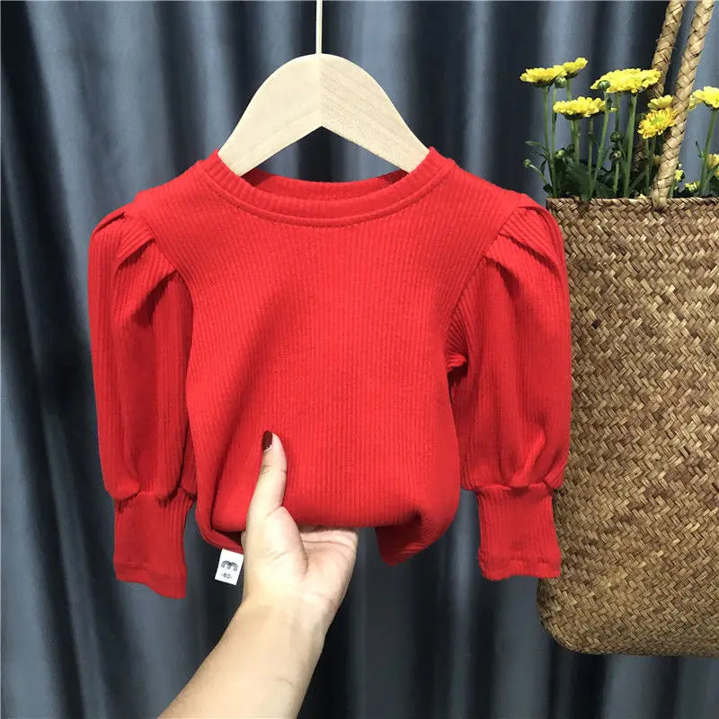 Baby Toddler Teenage Girls Sweaters Tops  Long Puff Sleeve Knitted Kids Sweater