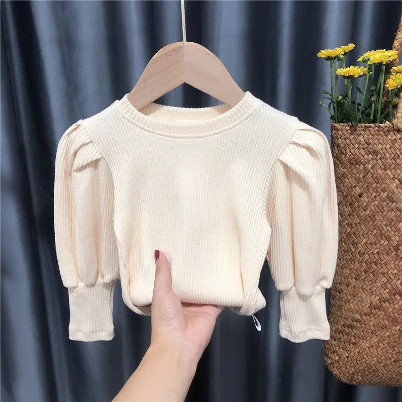 Baby Toddler Teenage Girls Sweaters Tops  Long Puff Sleeve Knitted Kids Sweater