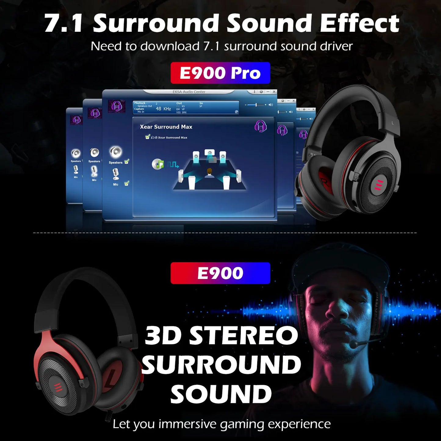 EKSA E900 Pro Virtual 7.1 Surround Sound Gaming Headset - LED USB/3.5mm Wired Headphone - Control For Xbox PC Gamer