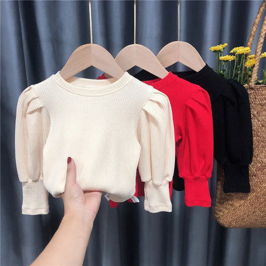 Baby Toddler Teenage Girls Sweaters Tops  Long Puff Sleeve Knitted Kids Sweater