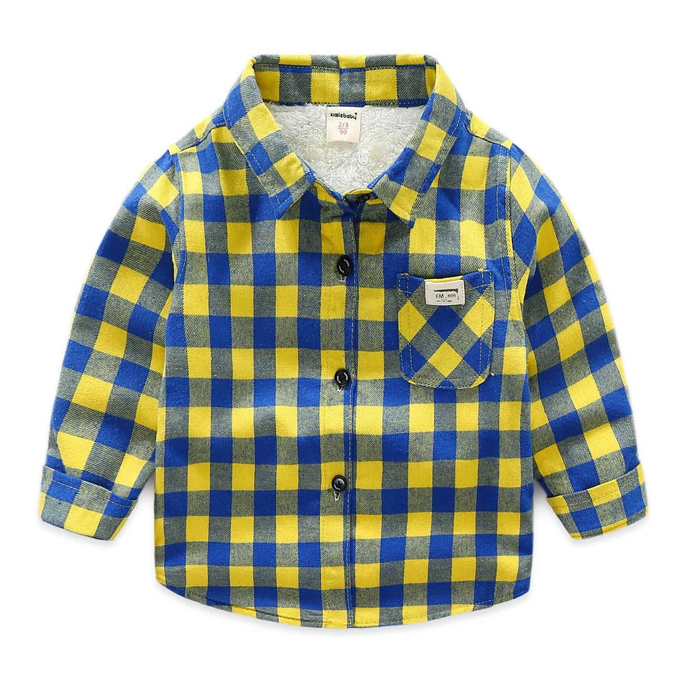 Winter Baby Plaid Shirts Kids Long Sleeve Cotton Thick Velvet Infant Casual Shirts