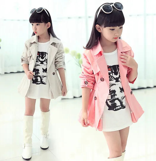 Girls Trench Coats Long Sleeve Solid Cotton - Windbreaker Outerwear