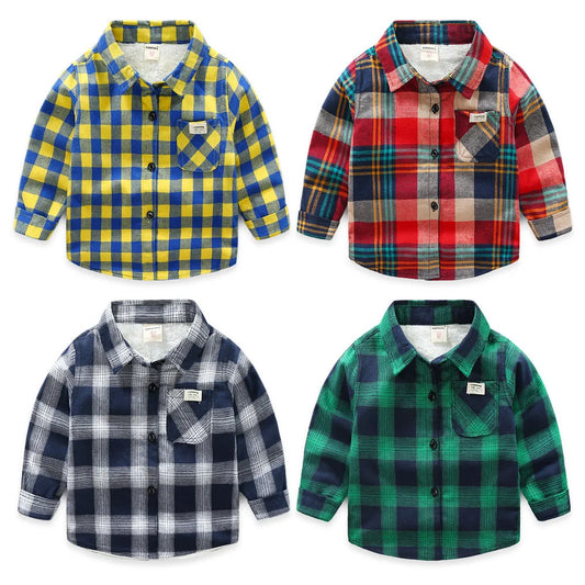 Winter Baby Plaid Shirts Kids Long Sleeve Cotton Thick Velvet Infant Casual Shirts