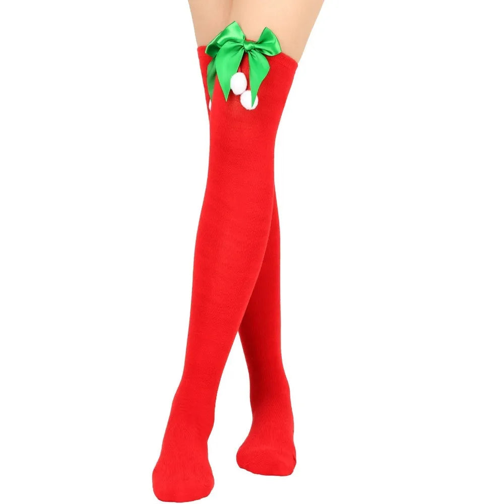 Women Over Knee Socks Bowknot Christmas Socks Girls Striped Long Stockings Stripes Thigh High Socks Sexy Leg Warmer Warm Hosiery