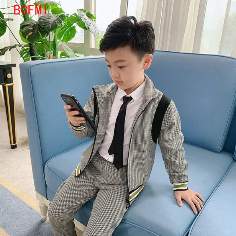 2-11Y Men's Kids Clothes Fine Grid Leisure Suit Jacket + Pants Two Piece Set