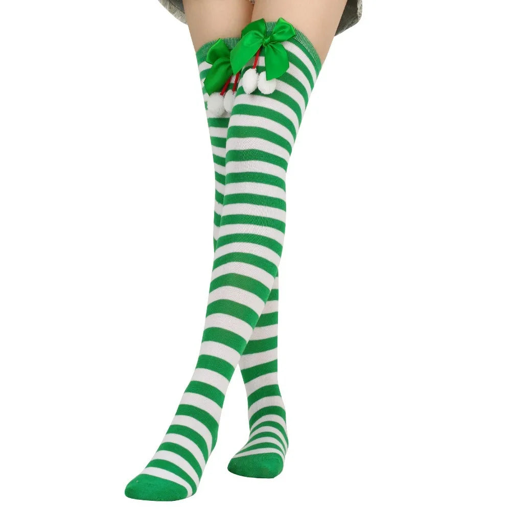 Women Over Knee Socks Bowknot Christmas Socks Girls Striped Long Stockings Stripes Thigh High Socks Sexy Leg Warmer Warm Hosiery