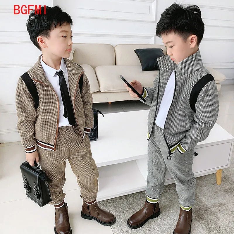 2-11Y Men's Kids Clothes Fine Grid Leisure Suit Jacket + Pants Two Piece Set