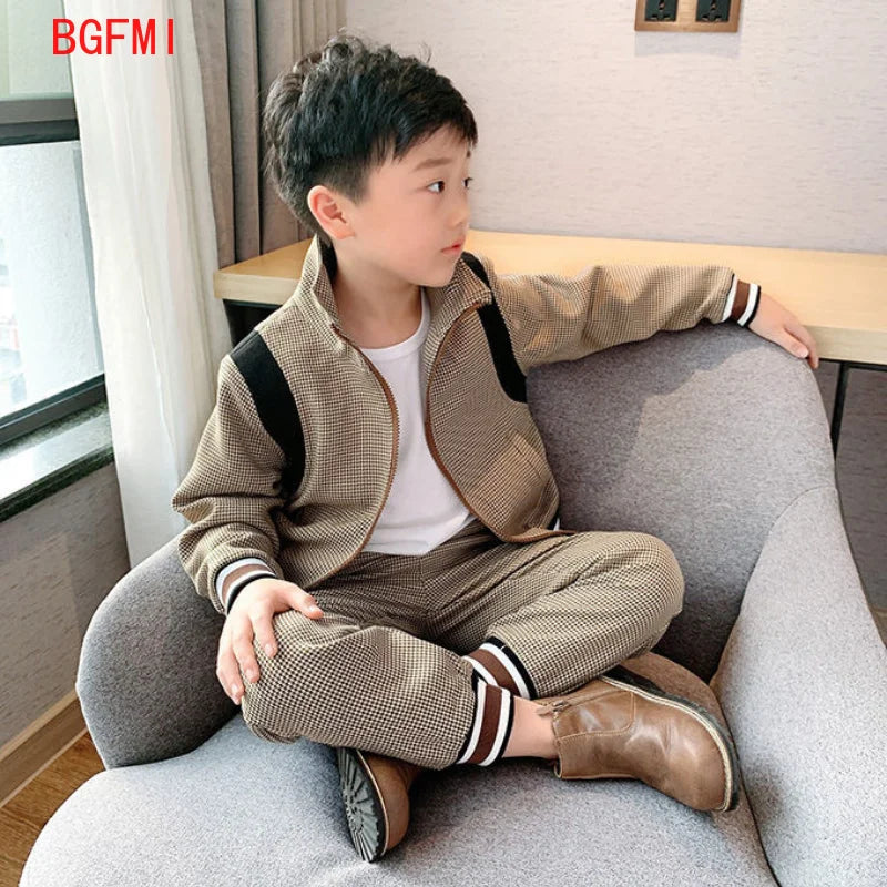 2-11Y Men's Kids Clothes Fine Grid Leisure Suit Jacket + Pants Two Piece Set