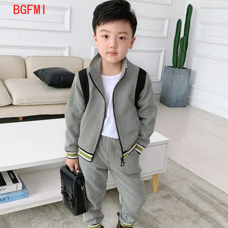 2-11Y Men's Kids Clothes Fine Grid Leisure Suit Jacket + Pants Two Piece Set