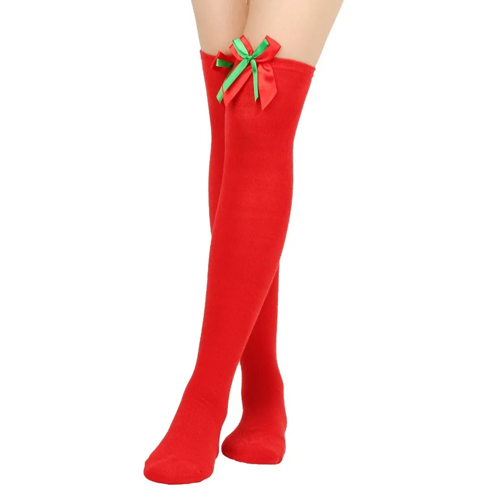 Women Over Knee Socks Bowknot Christmas Socks Girls Striped Long Stockings Stripes Thigh High Socks Sexy Leg Warmer Warm Hosiery