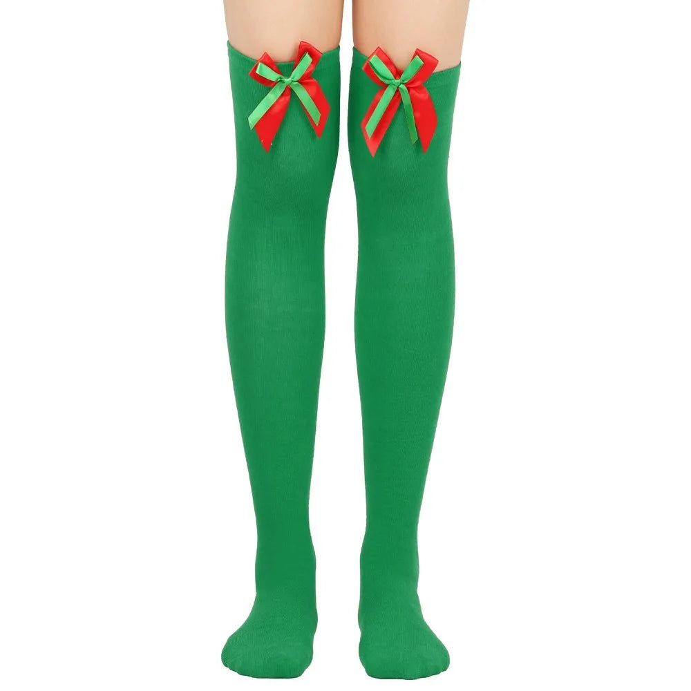 Women Over Knee Socks Bowknot Christmas Socks Girls Striped Long Stockings Stripes Thigh High Socks Sexy Leg Warmer Warm Hosiery