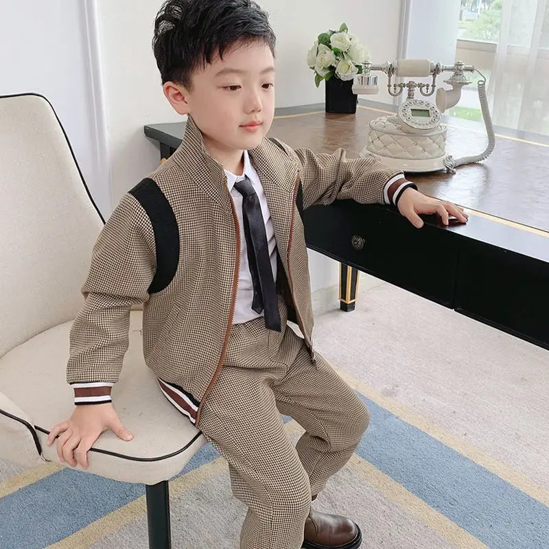 2-11Y Men's Kids Clothes Fine Grid Leisure Suit Jacket + Pants Two Piece Set