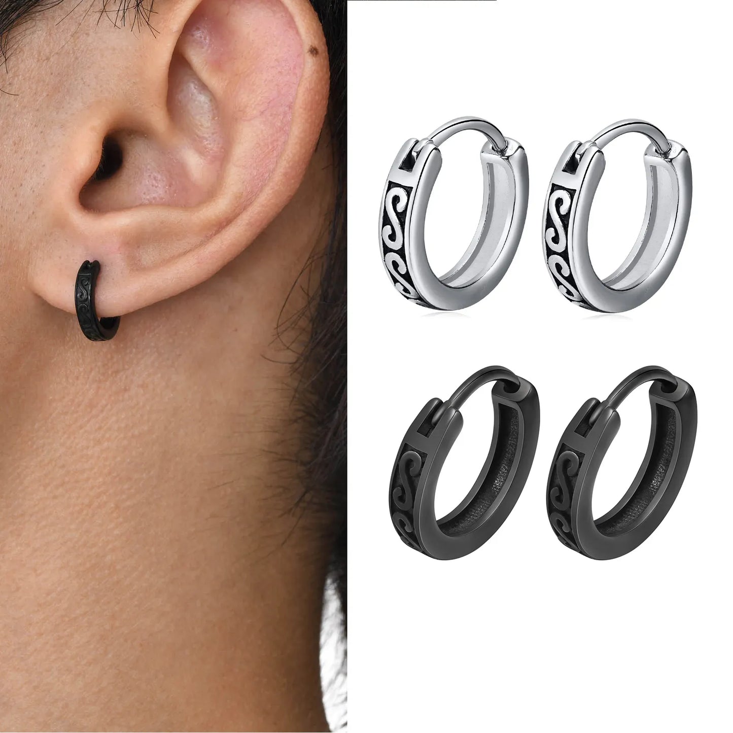 Neutral Gender Hoop Earrings, New Gothic Black Infinity S Texture Huggies, Small Minimalist Stainless Steel Hoops - Jewelry Gifts