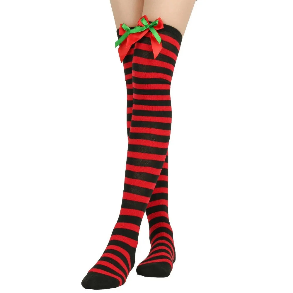 Women Over Knee Socks Bowknot Christmas Socks Girls Striped Long Stockings Stripes Thigh High Socks Sexy Leg Warmer Warm Hosiery