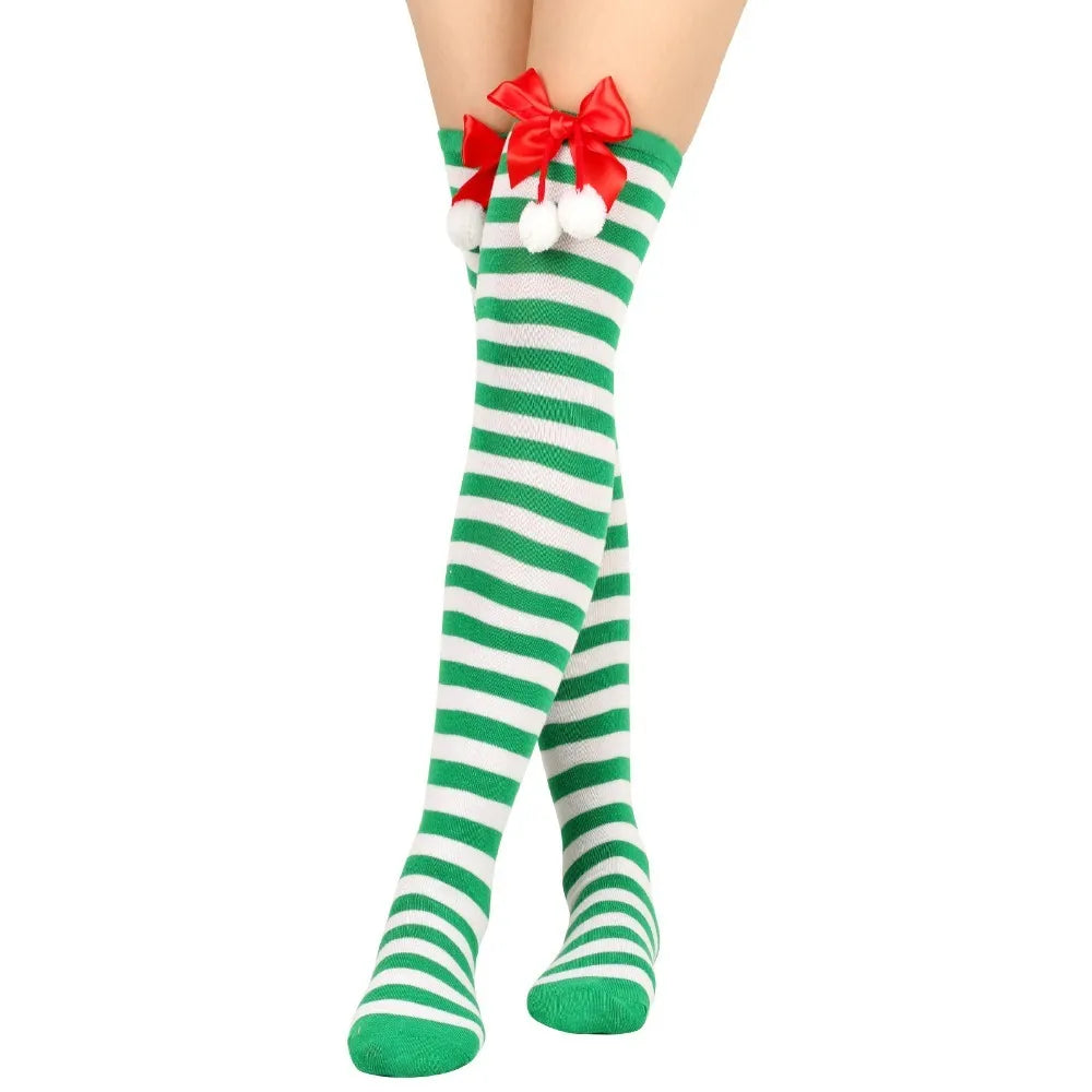 Women Over Knee Socks Bowknot Christmas Socks Girls Striped Long Stockings Stripes Thigh High Socks Sexy Leg Warmer Warm Hosiery