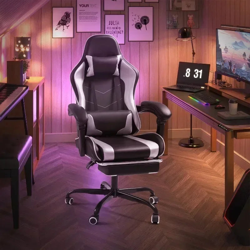 Lacoo PU Leather Gaming Chair Massage Ergonomic Gamer Chair Height Adjustable Computer Chair with Footrest & Lumbar Support