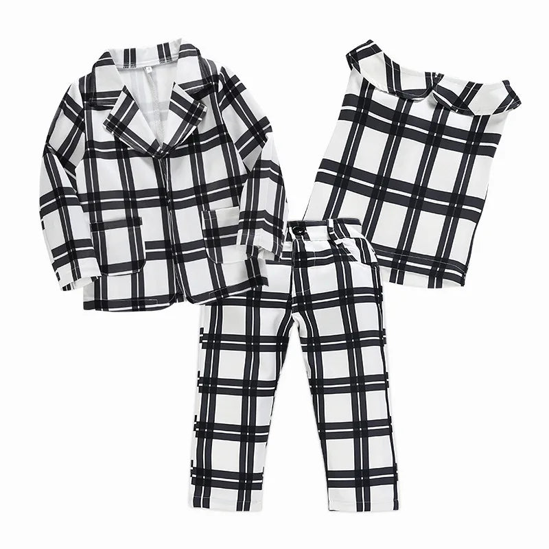 Girls Checked Suit Trousers Set Three Piece Children's Suit