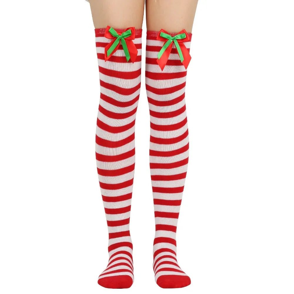 Women Over Knee Socks Bowknot Christmas Socks Girls Striped Long Stockings Stripes Thigh High Socks Sexy Leg Warmer Warm Hosiery