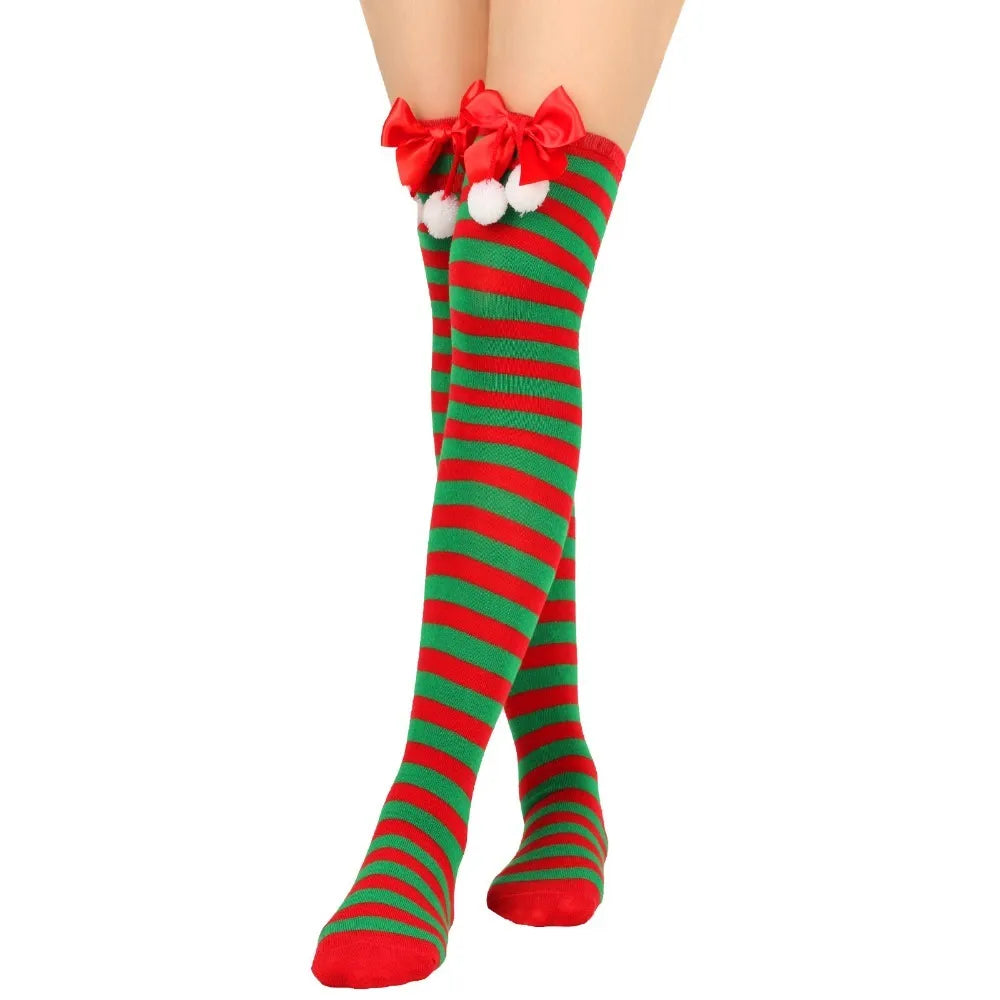 Women Over Knee Socks Bowknot Christmas Socks Girls Striped Long Stockings Stripes Thigh High Socks Sexy Leg Warmer Warm Hosiery