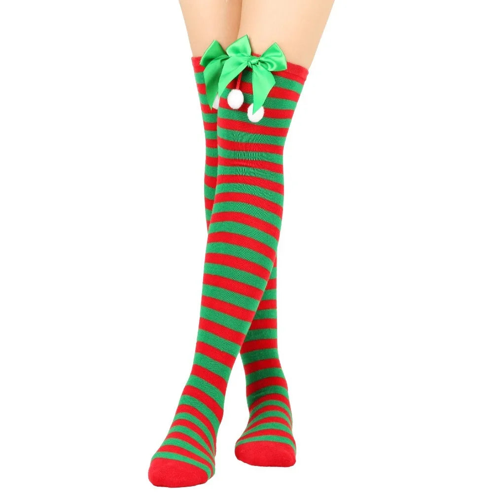 Women Over Knee Socks Bowknot Christmas Socks Girls Striped Long Stockings Stripes Thigh High Socks Sexy Leg Warmer Warm Hosiery