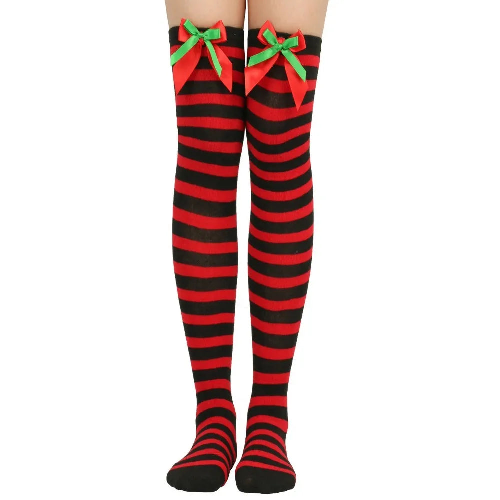 Women Over Knee Socks Bowknot Christmas Socks Girls Striped Long Stockings Stripes Thigh High Socks Sexy Leg Warmer Warm Hosiery