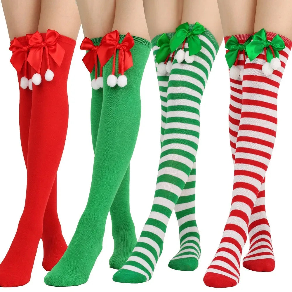 Women Over Knee Socks Bowknot Christmas Socks Girls Striped Long Stockings Stripes Thigh High Socks Sexy Leg Warmer Warm Hosiery