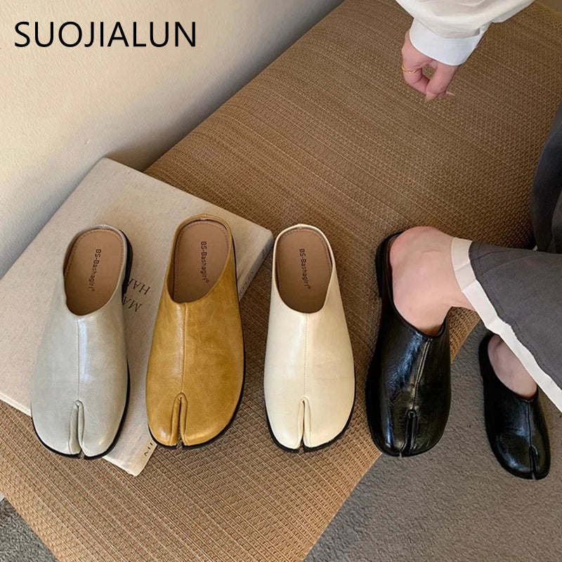 SUOJIALUN  New Women Slipper Fashion Flat Heel Slip On Mules Shoes  Split Toe Shallow Slip On Casual Slides Shoes