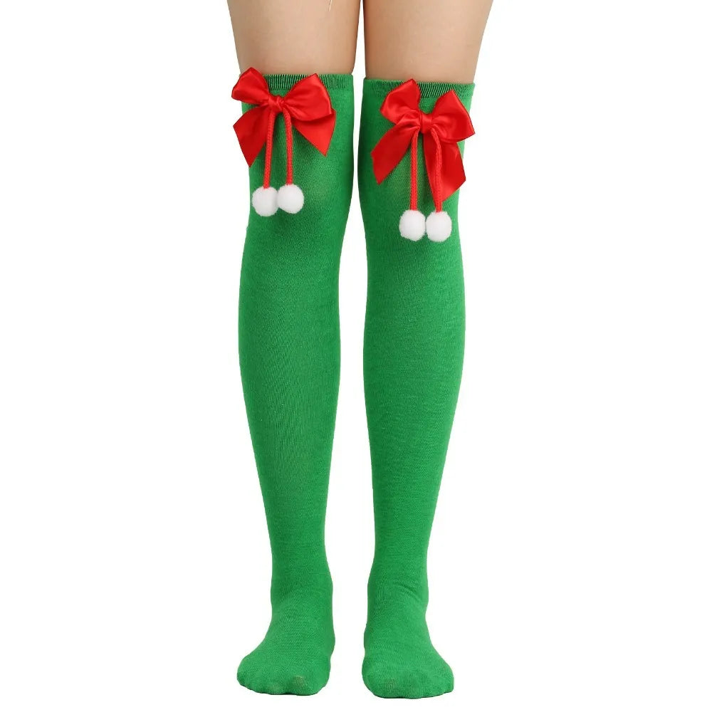 Women Over Knee Socks Bowknot Christmas Socks Girls Striped Long Stockings Stripes Thigh High Socks Sexy Leg Warmer Warm Hosiery