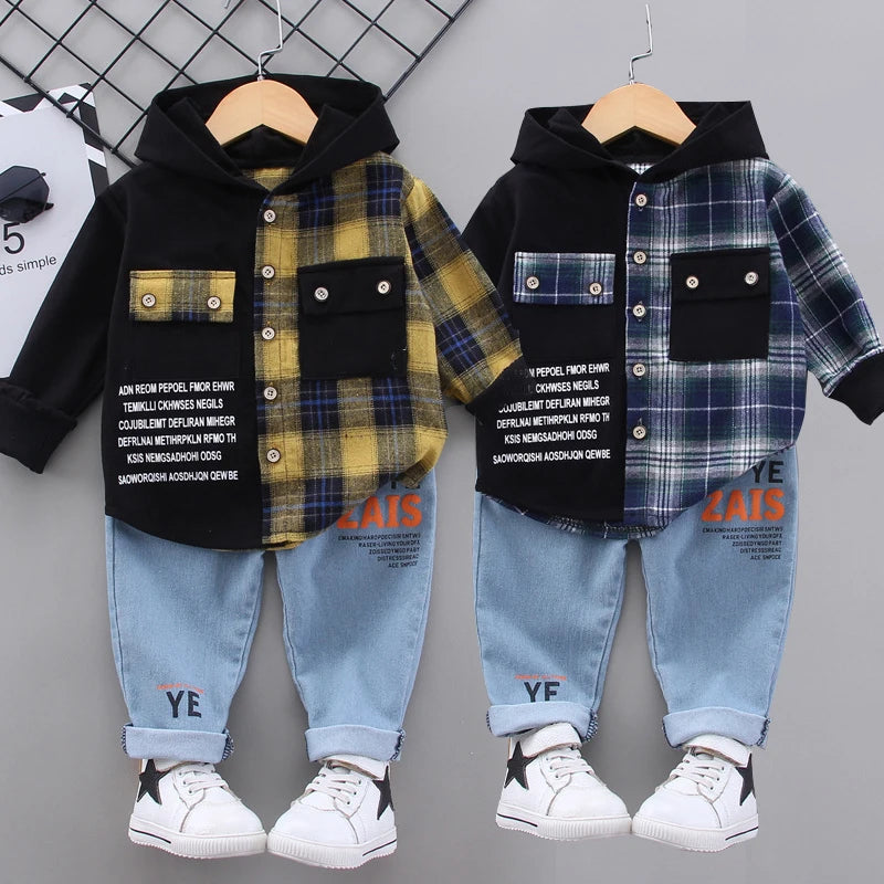 Casual Children's Clothing  Gift Toddler Children's clothes plaid shirt + jean