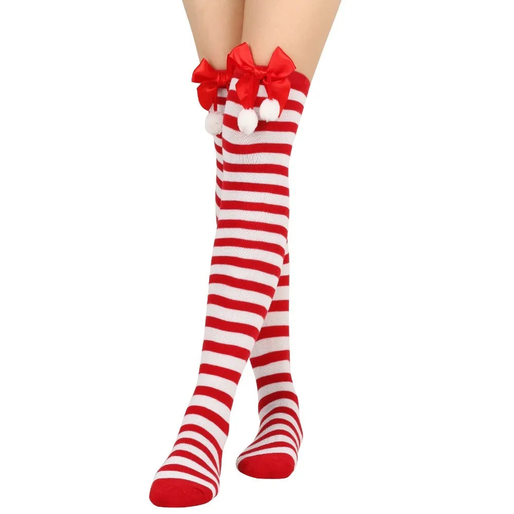 Women Over Knee Socks Bowknot Christmas Socks Girls Striped Long Stockings Stripes Thigh High Socks Sexy Leg Warmer Warm Hosiery