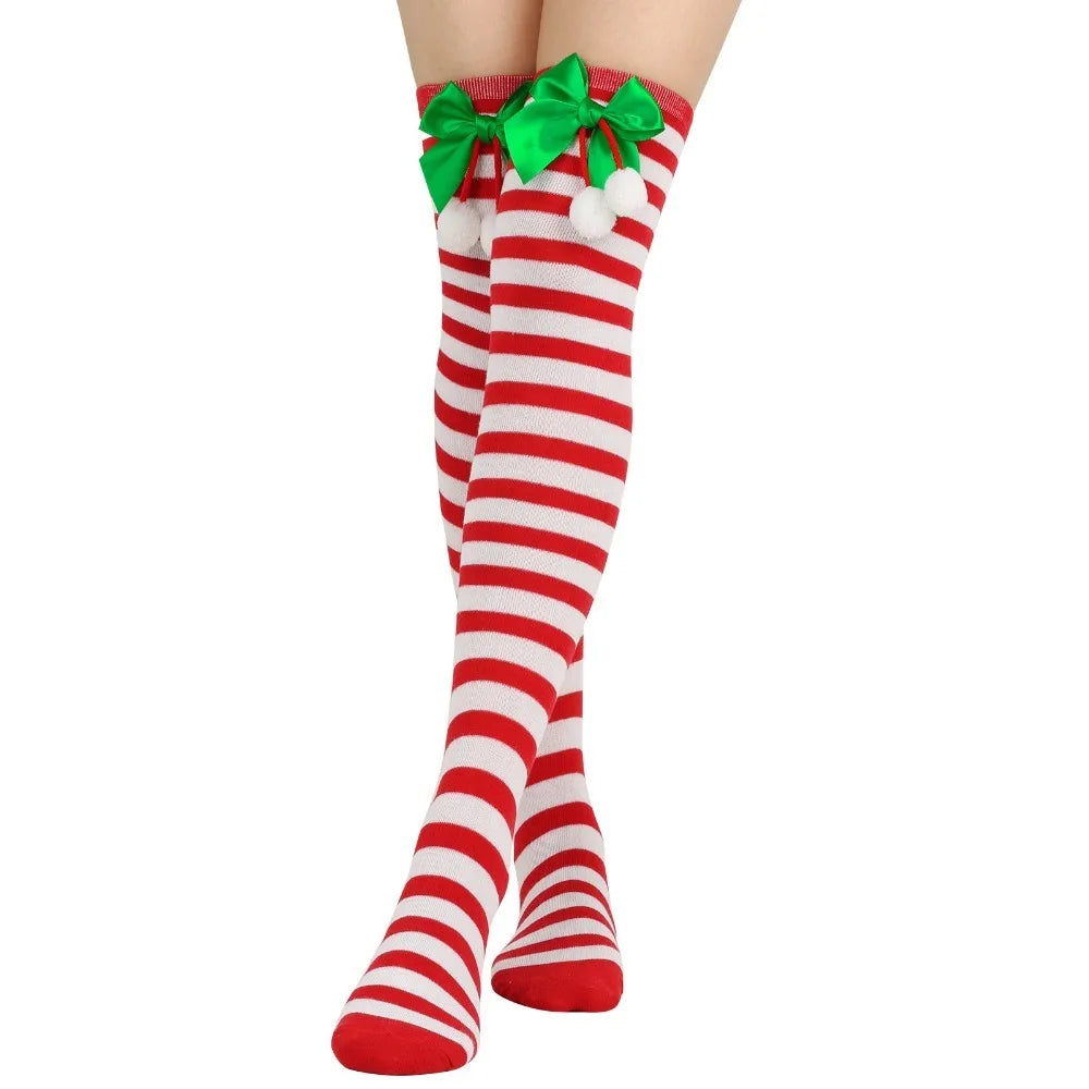 Women Over Knee Socks Bowknot Christmas Socks Girls Striped Long Stockings Stripes Thigh High Socks Sexy Leg Warmer Warm Hosiery