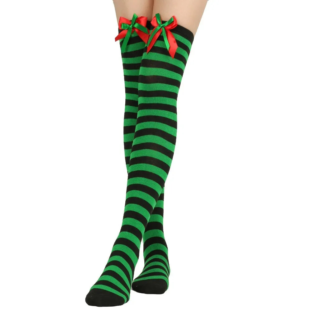 Women Over Knee Socks Bowknot Christmas Socks Girls Striped Long Stockings Stripes Thigh High Socks Sexy Leg Warmer Warm Hosiery