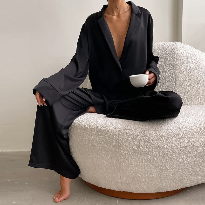 Hiloc Oversized Satin Silk Sleepwear Low Cut Sexy Pajamas Single-Breasted Long Sleeves Wide Leg Suits