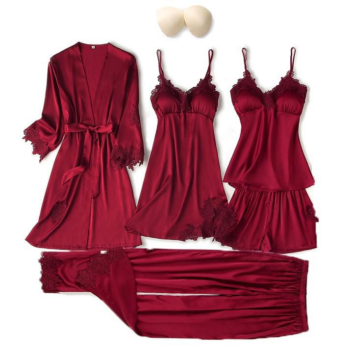 Satin Women Robe Set Sexy Nightdress Sleepwear Kimono Gown Lace PAJAMAS Intimate Lingerie Hollow Out Nighty&amp;Robe Suit