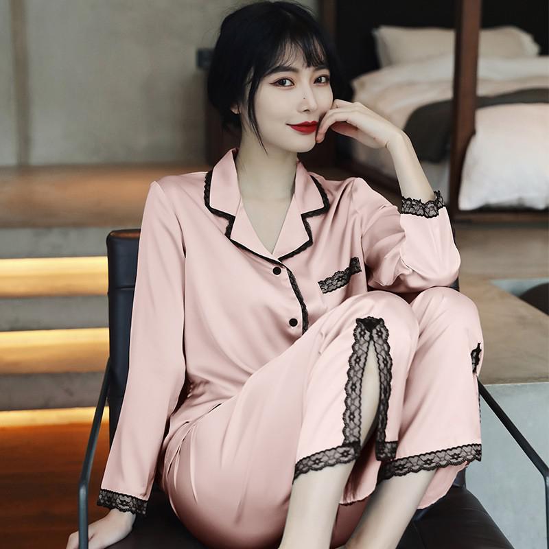 Lace 2PCS Sleepwear  Satin Pajamas Suit Summer Pajamas Casual Intimate Lingerie Long Sleeve Shirt Pants Lounge Wear