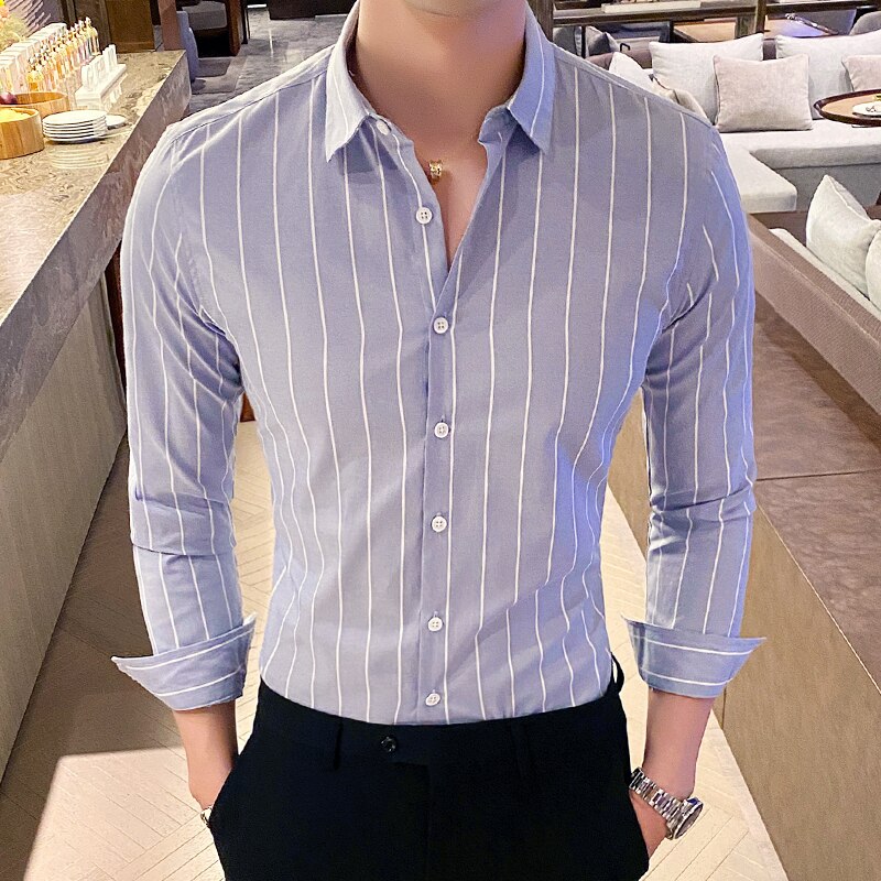 Korea Style Handsome Fashion Shirts Button Down Slim Fit Long Sleeve Striped Shirts