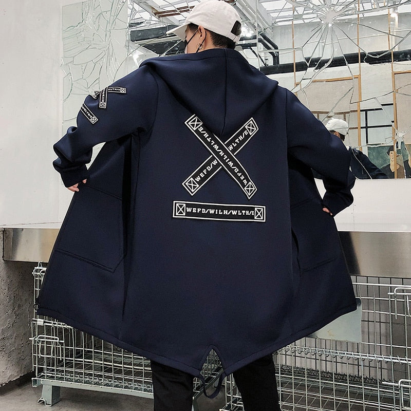 Hooded Jackets Print Harajuku Windbreaker Ribbon Overcoat Male / Unisex Casual Outwear Hip Hop Streetwear Coats LBZ155