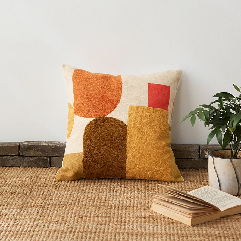Cushion Cover 45x45cm Cotton Thread Embroidery Home Decorative Throw Abstract Color Block Pillow Cover Art Decor