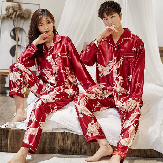 OVERSIZE Couples Print Pajamas Suit Shirt Pants Silky 2PCS Sleep Set Kimono Bathrobe Gown Casual Bridal Wedding Gift Nightwear