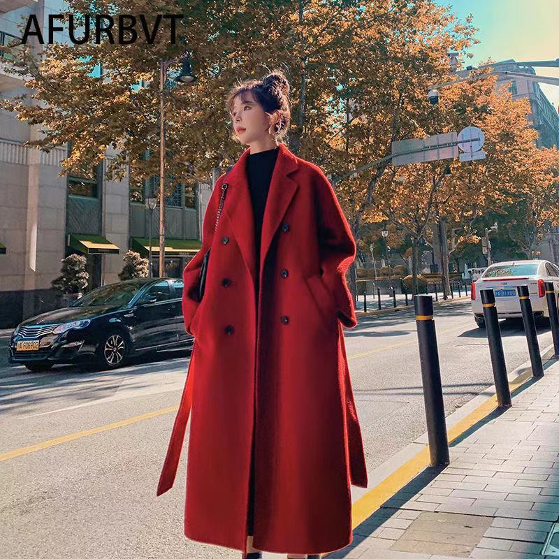 Women's Loose Long Wool Coat Jacket Belt Woolen Overcoat Split Hem Cardigan Outerwear