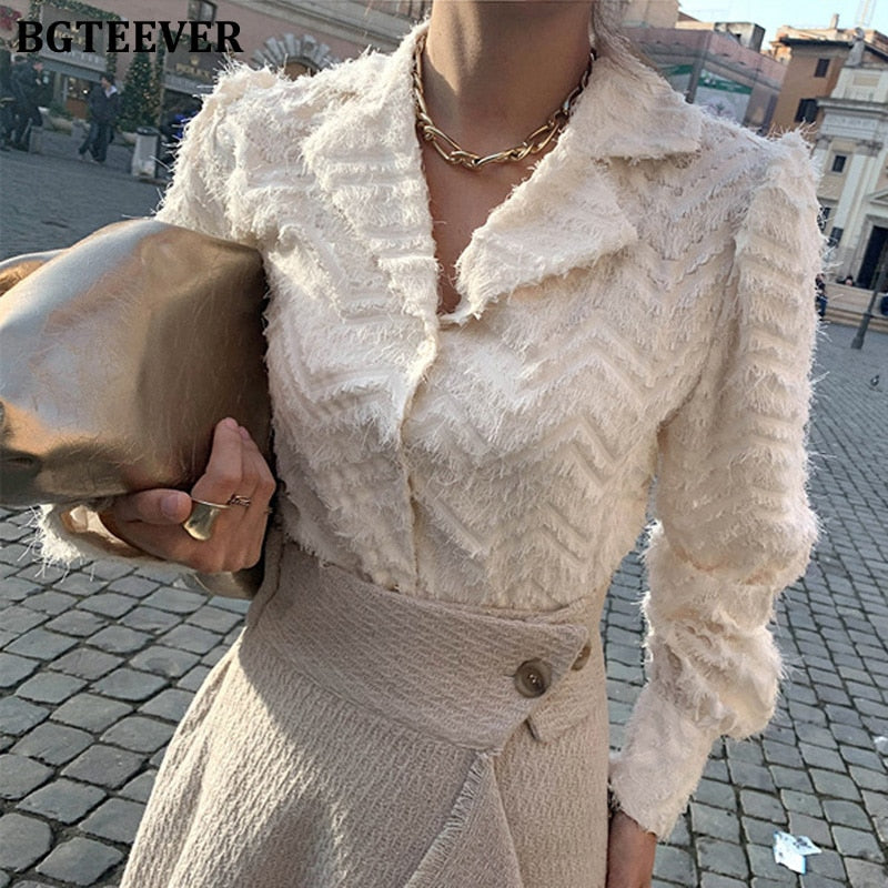 BGTEEVER Elegant Notched Collar Tassels Shirts, New Single-Breasted Shirts /Tops