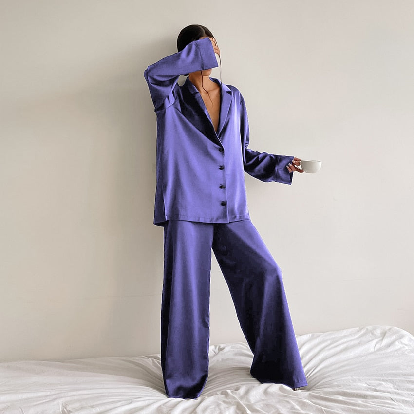 Hiloc Oversized Satin Silk Sleepwear Low Cut Sexy Pajamas Single-Breasted Long Sleeves Wide Leg Suits