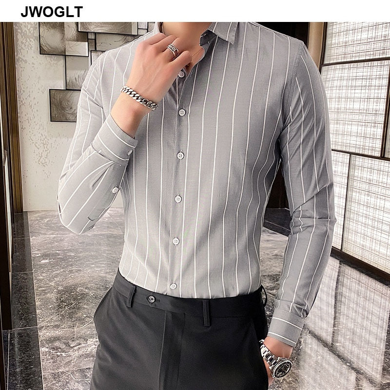 Korea Style Handsome Fashion Shirts Button Down Slim Fit Long Sleeve Striped Shirts